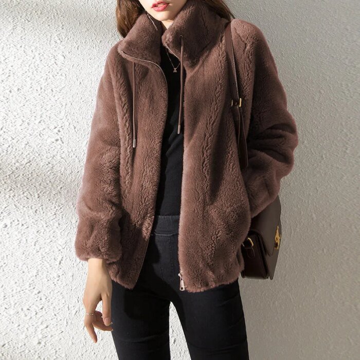 Manteau d'hiver chaud en peluche Smile pour femme, pardessus optique, manches longues, fermeture éclair, double lieu, décontracté, mode féminine, col montant - AliExpress 200000345