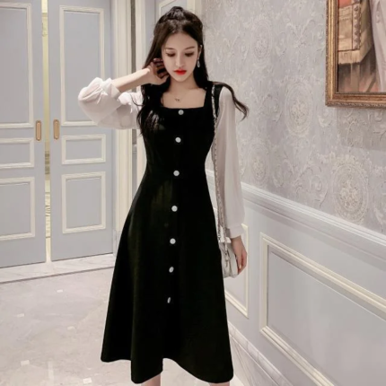 Robe mi-longue à manches longues pour femmes, style rétro, petit parfum, mode épissage, taille amincissante, printemps, automne - AliExpress 200000345