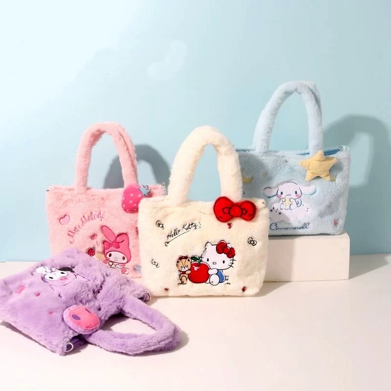 Sac en peluche Kawaii Sanurgente Kuromi Hello Kitty, sac à main Cinnamoroll, fourre-tout en peluche, sacs de messager initiés, sac à dos de maquillage en peluche, cadeau -...