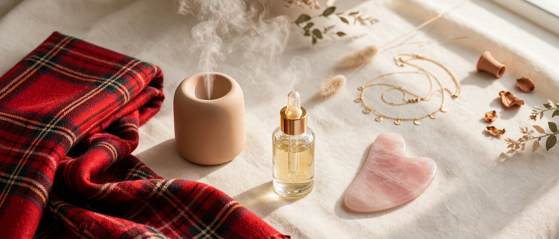 Warm lifestyle flat lay: tartan scarf, diffuser, serum, gua sha and necklace